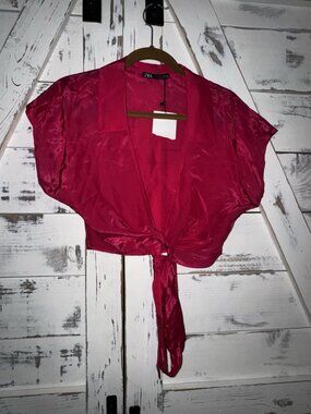Zara NWT S Satin Tie Front Crop Blouse Hot Pink Career Night Out Chic
